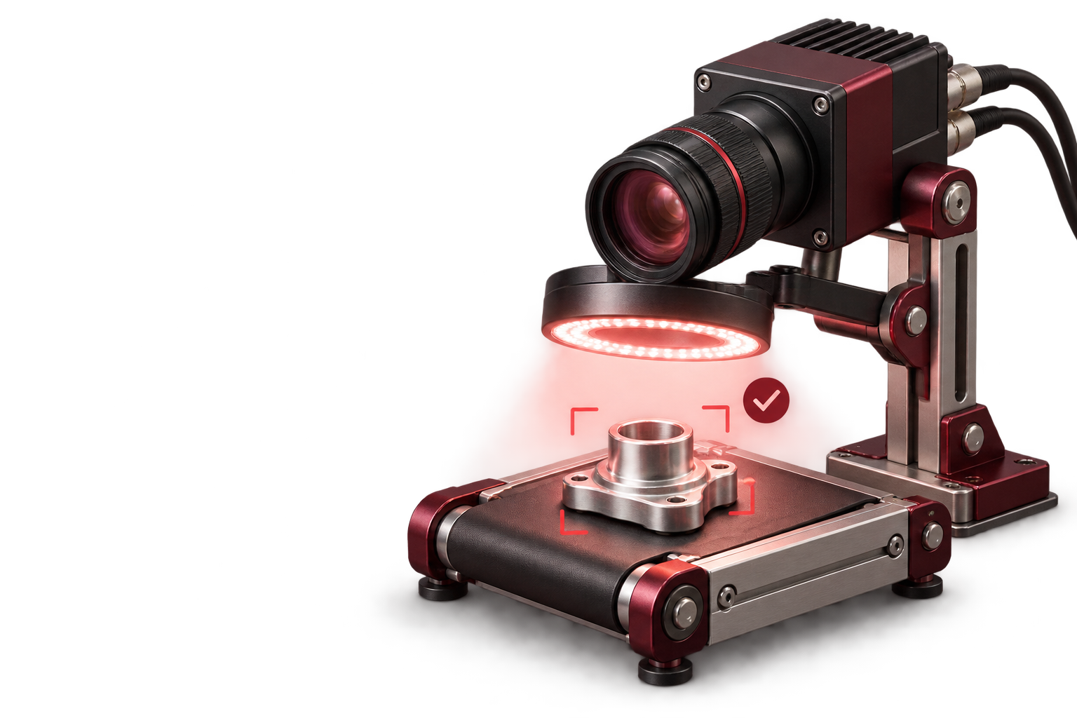 Machine vision camera inspecting a component under ring lighting
