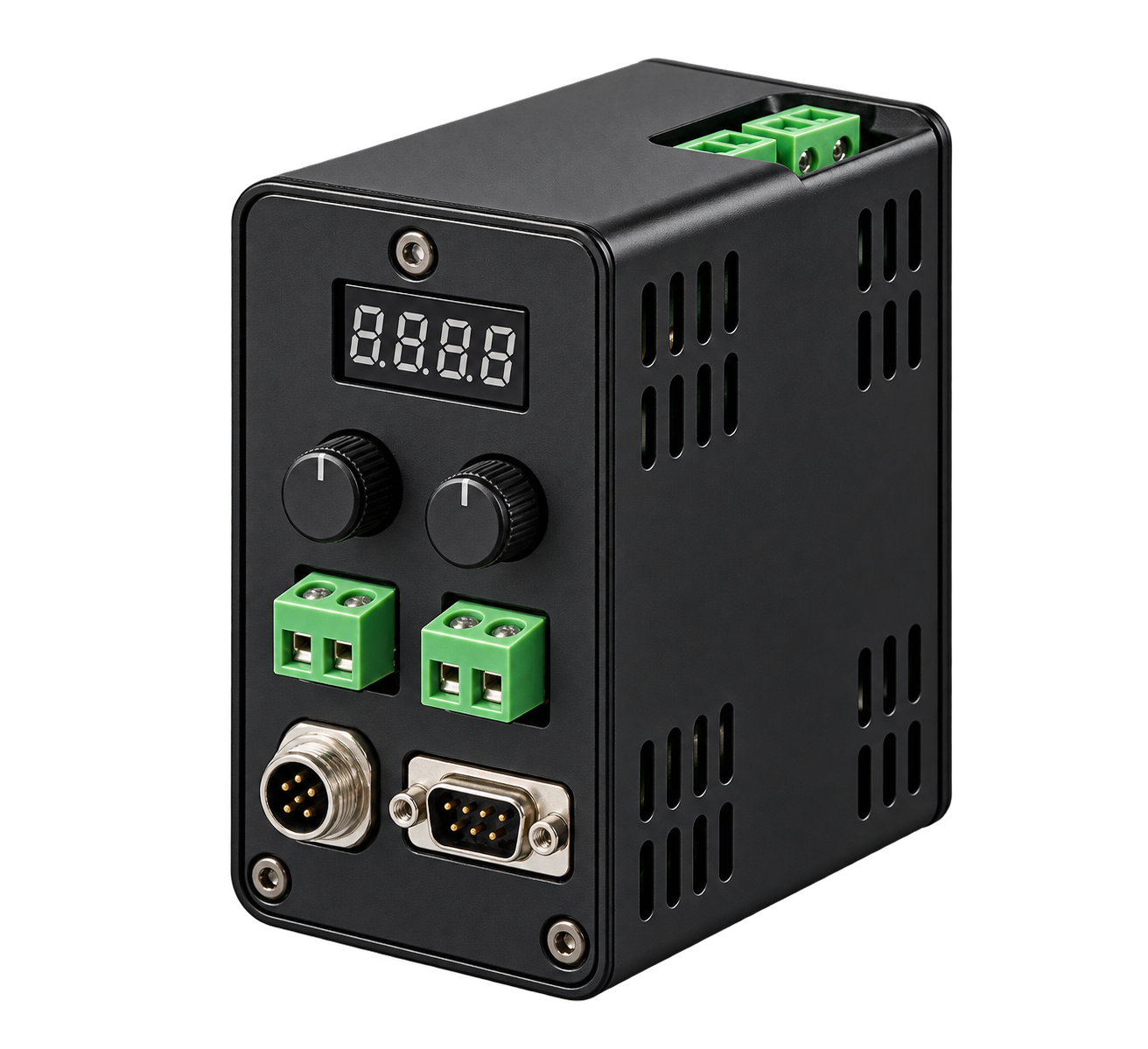 Strobe and pulse light controller with display, adjustment knobs and connections